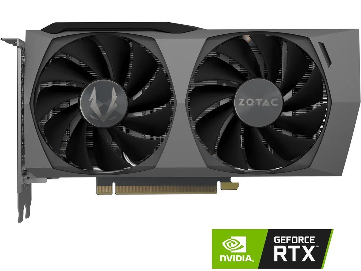 ZOTAC RTX 3060 Ti Twin Edge OC dual-fan card with metal backplate and white LED logo