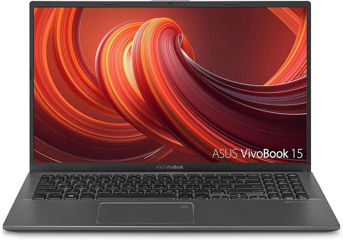 Slate grey laptop with 15.6 inch screen and thin bezels