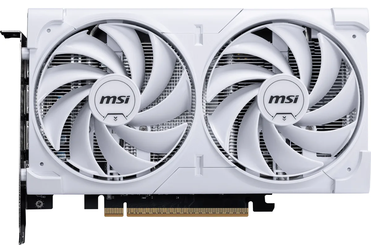 White dual-fan graphics card with silver accents