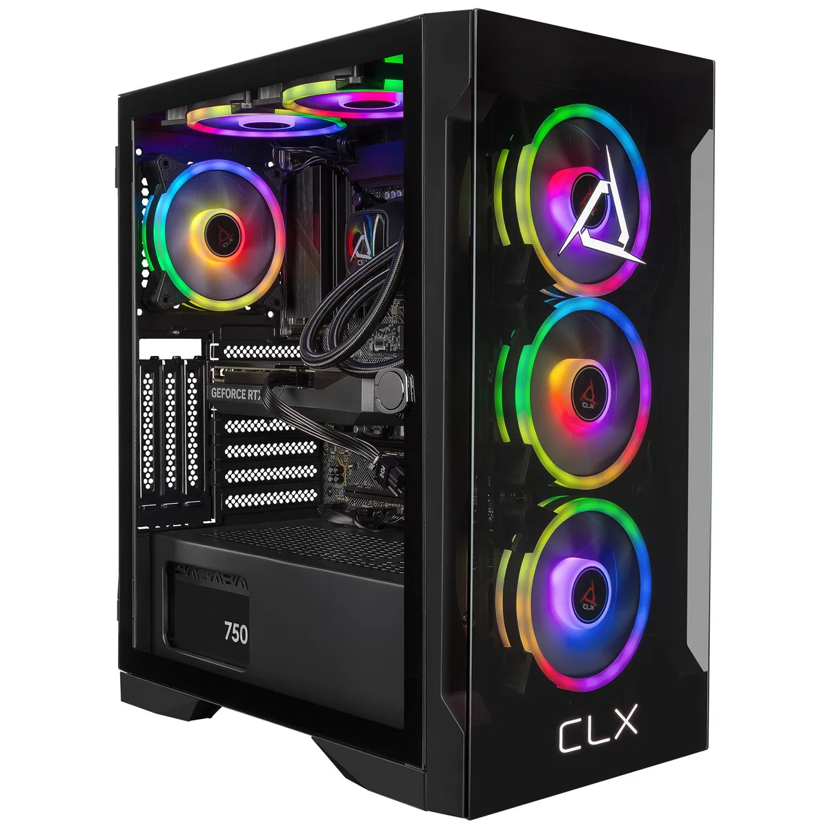 Black mid-tower gaming desktop with liquid CPU cooling