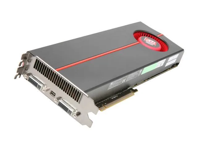 Dual-GPU graphics card with black shroud, two DVI and one Mini DisplayPort outputs, twin axial fans, 6-pin and 8-pin power connectors