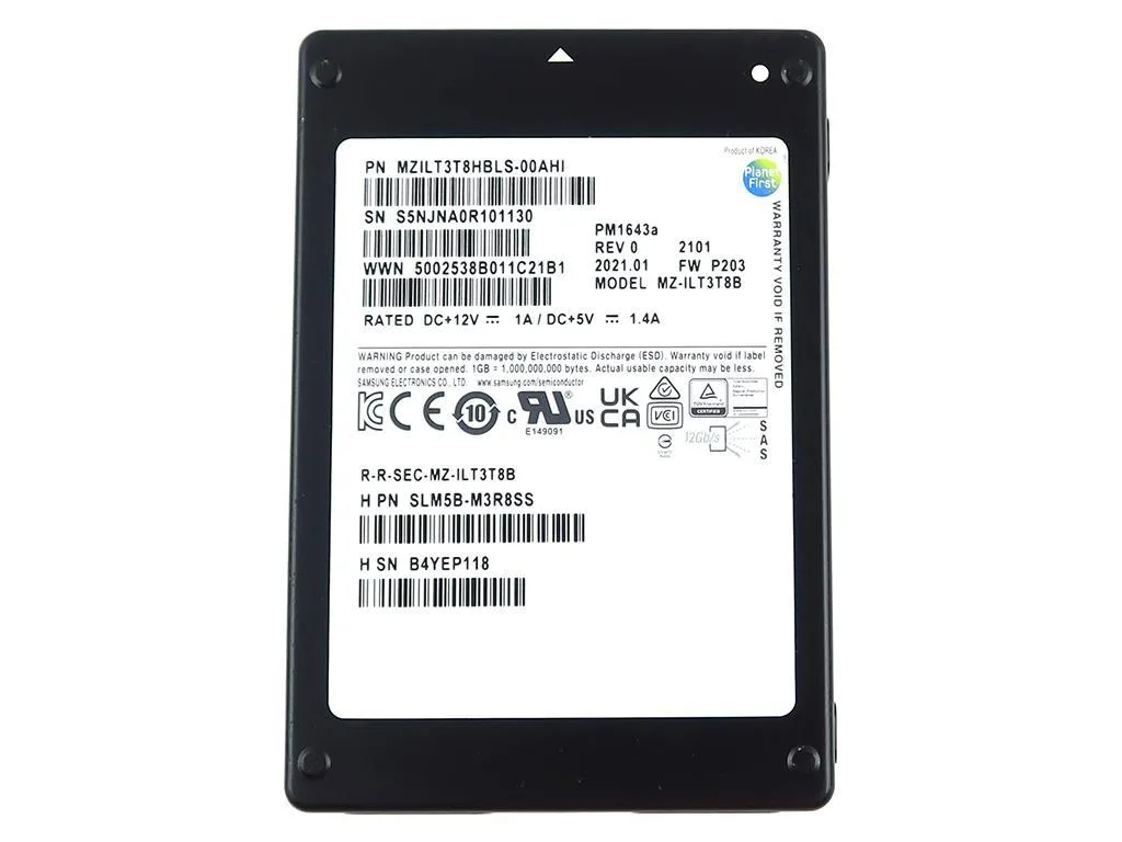 Rectangular 2.5 inch SAS SSD with silver metal casing and green circuit board visible