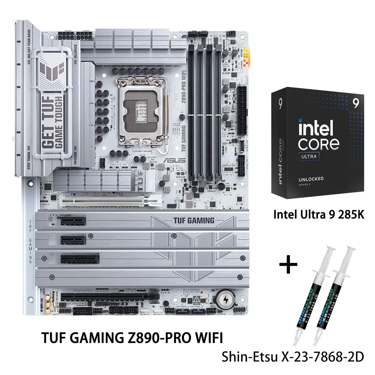 ATX motherboard with Intel LGA 1851 socket CPU installed, dark heatsinks, ARGB accents