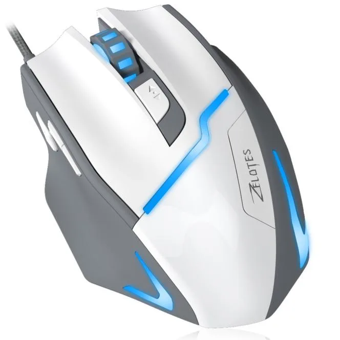 White right-handed wired gaming mouse with seven buttons and coloured LED lighting