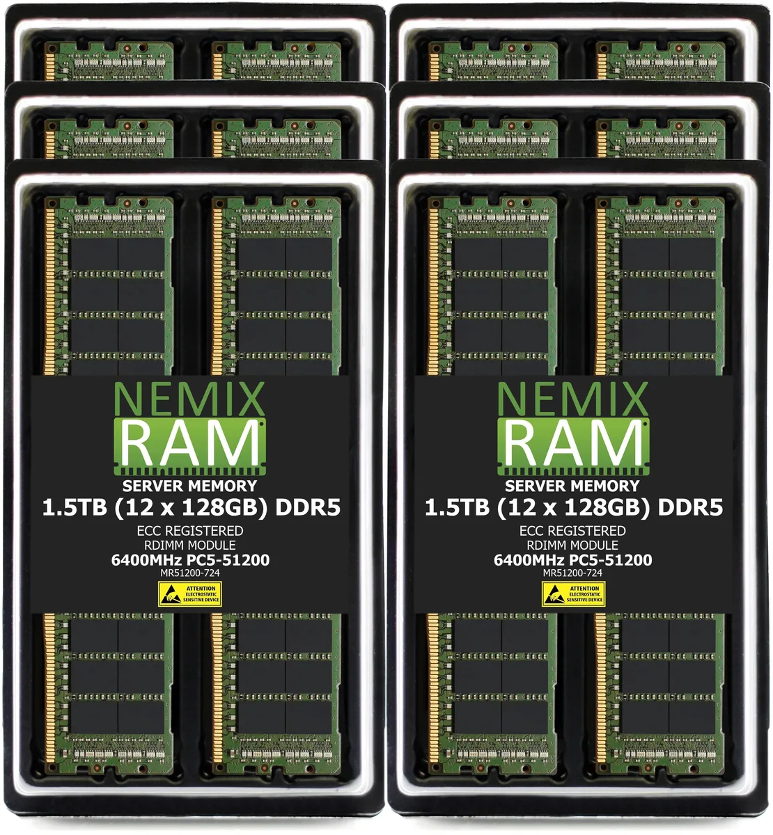 Twelve green DDR5 RDIMM modules in silver anti-static tray