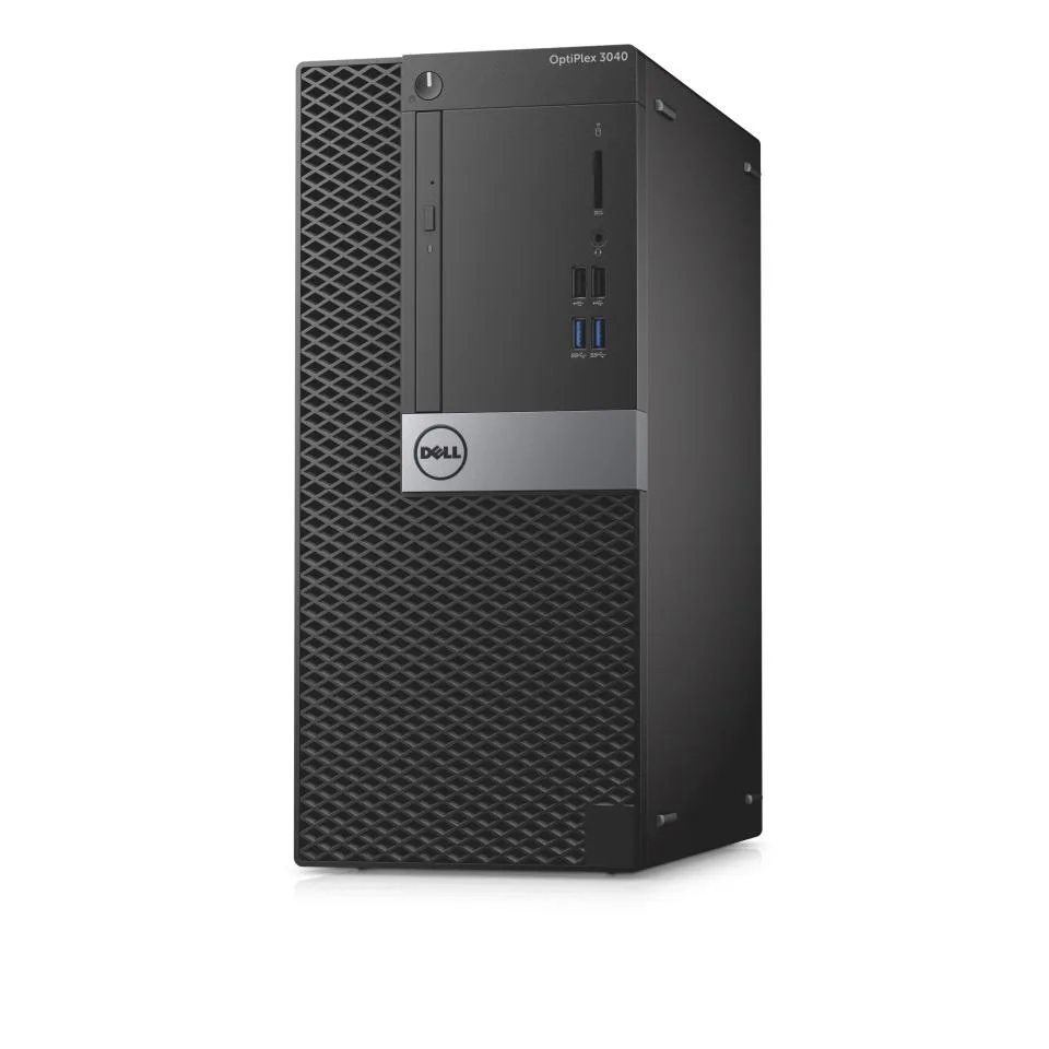 Black and silver mini-tower desktop with keyboard and mouse