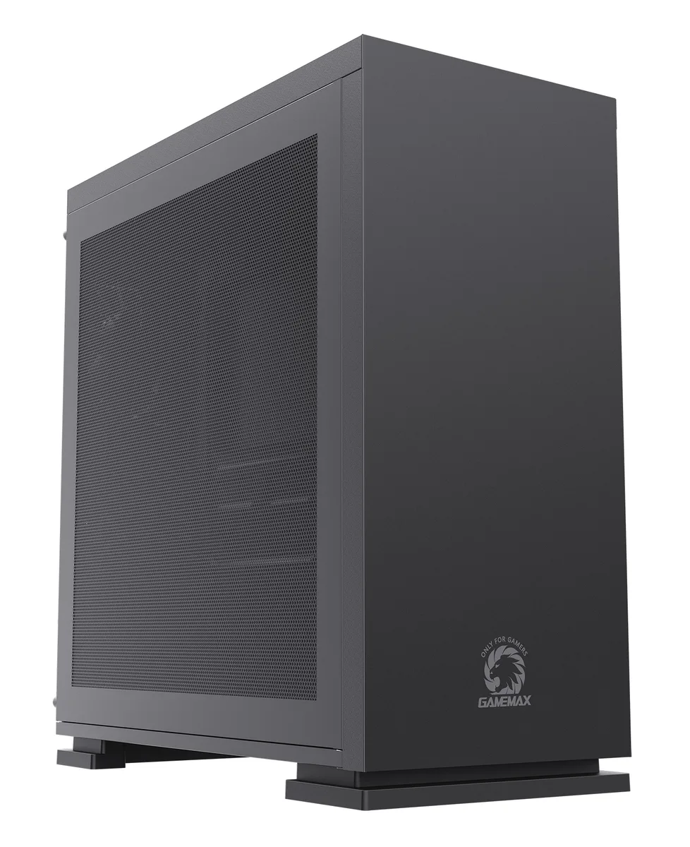 Black steel Micro ATX tower with dual mesh side panels, rear 120mm fan visible