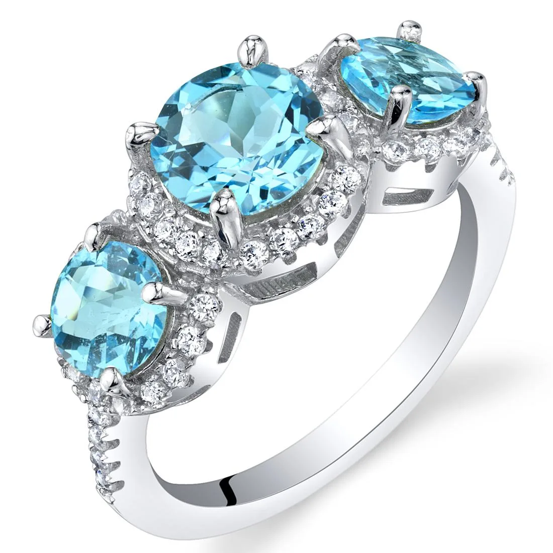 Oravo Oravo Swiss Blue Topaz 925 Sterling Silver 2.25ct 3 Stone Halo Ring — снимка на продукта