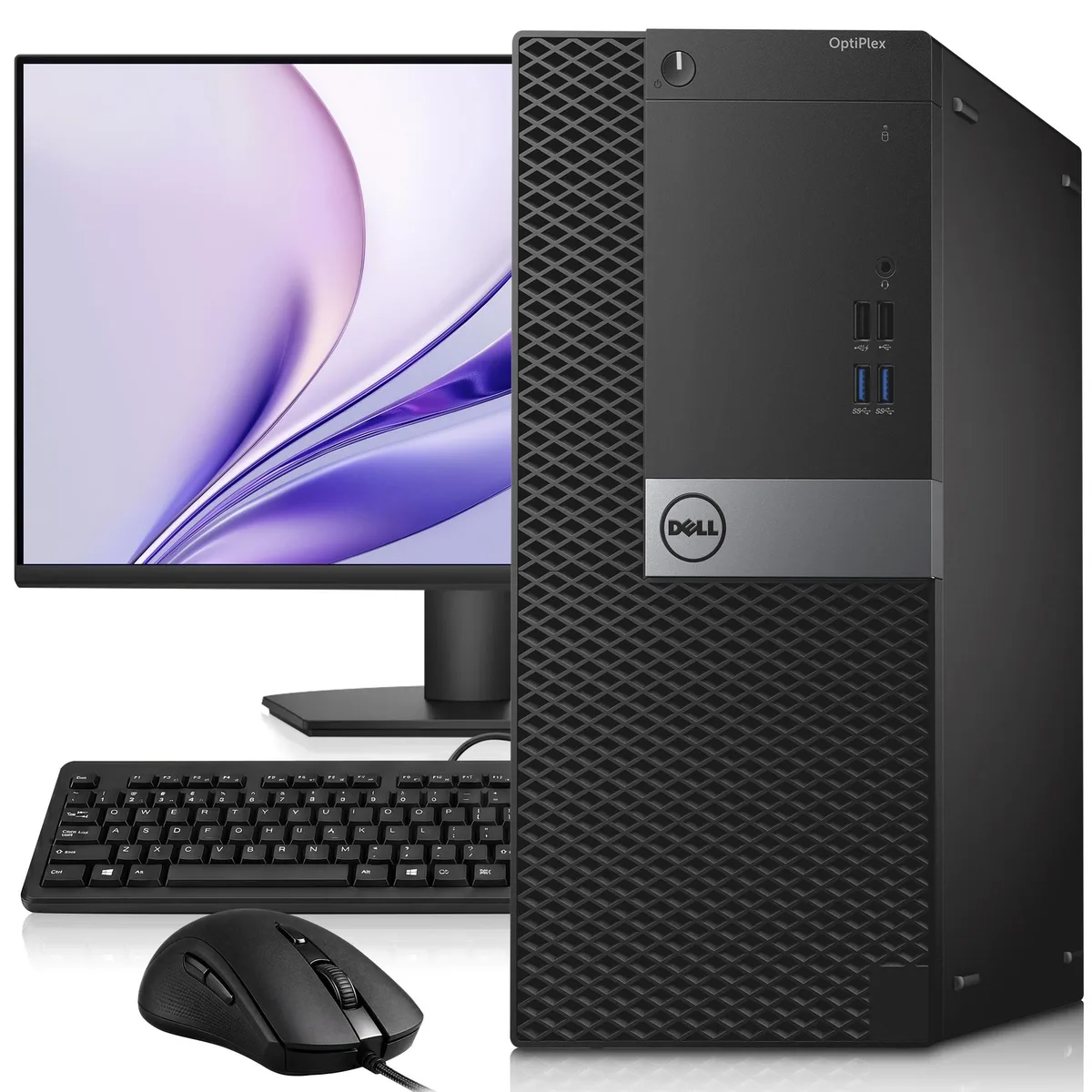 Black Dell OptiPlex 5040 tower desktop with 24 inch monitor keyboard mouse