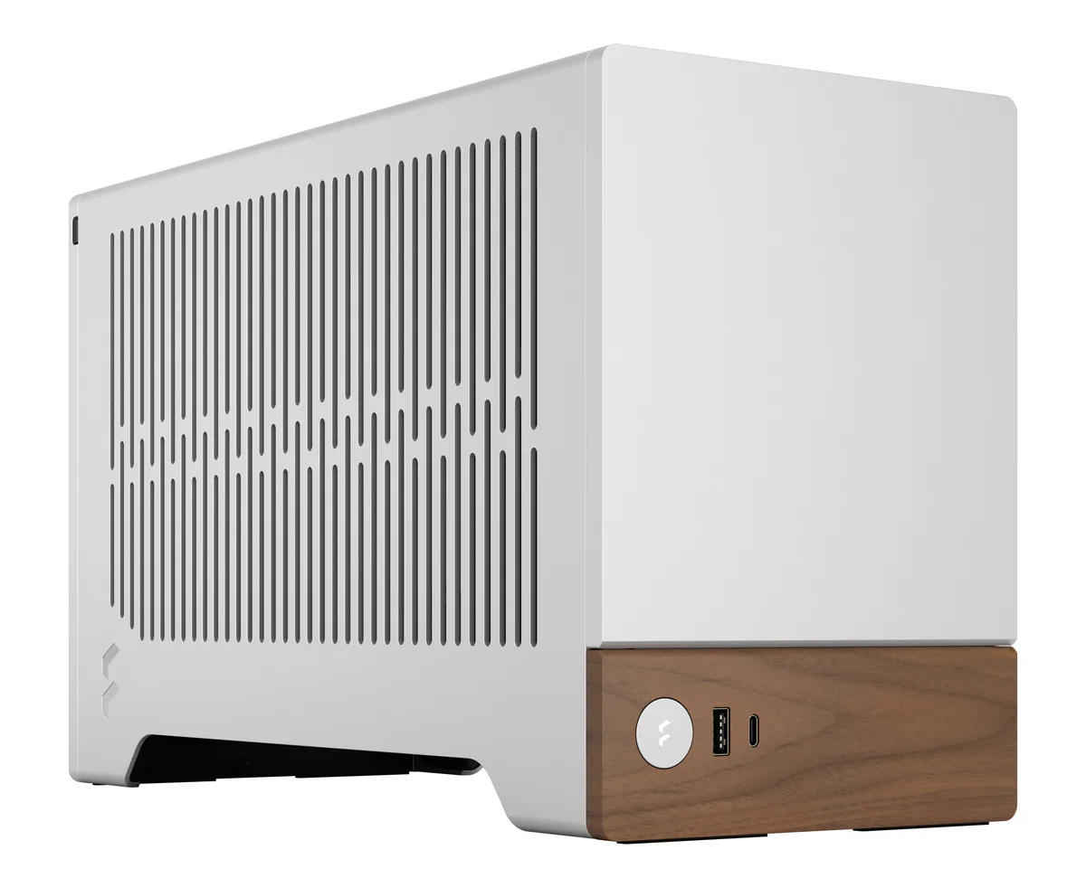 Silver anodized aluminum Mini-ITX case with solid walnut panel, compact rectangular shape, no side window