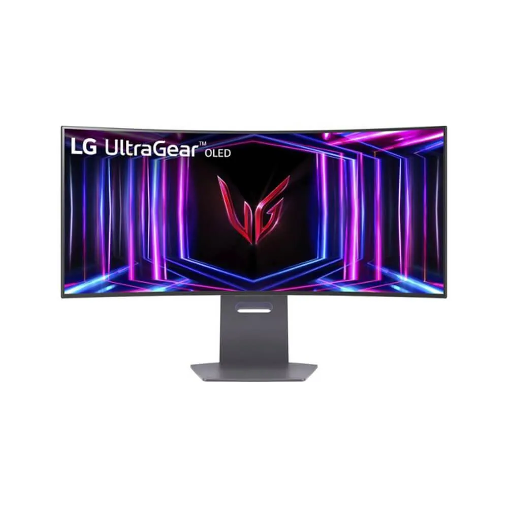 34 inch curved OLED gaming monitor with thin bezels and adjustable stand