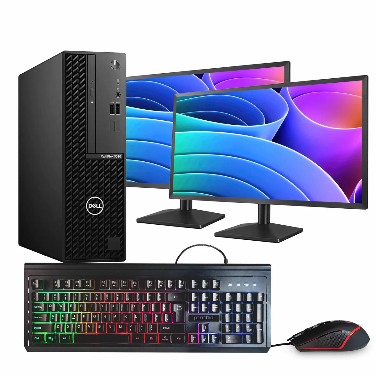 Black Dell OptiPlex 3090 tower with dual 24-inch monitors, keyboard and mouse