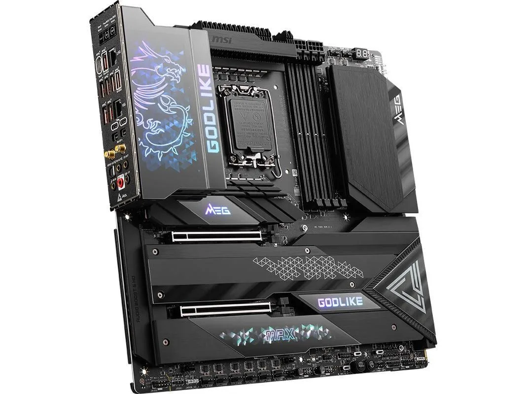 Large rectangular E-ATX motherboard with black and silver finish, metal-reinforced PCIe slots and prominent heatsinks