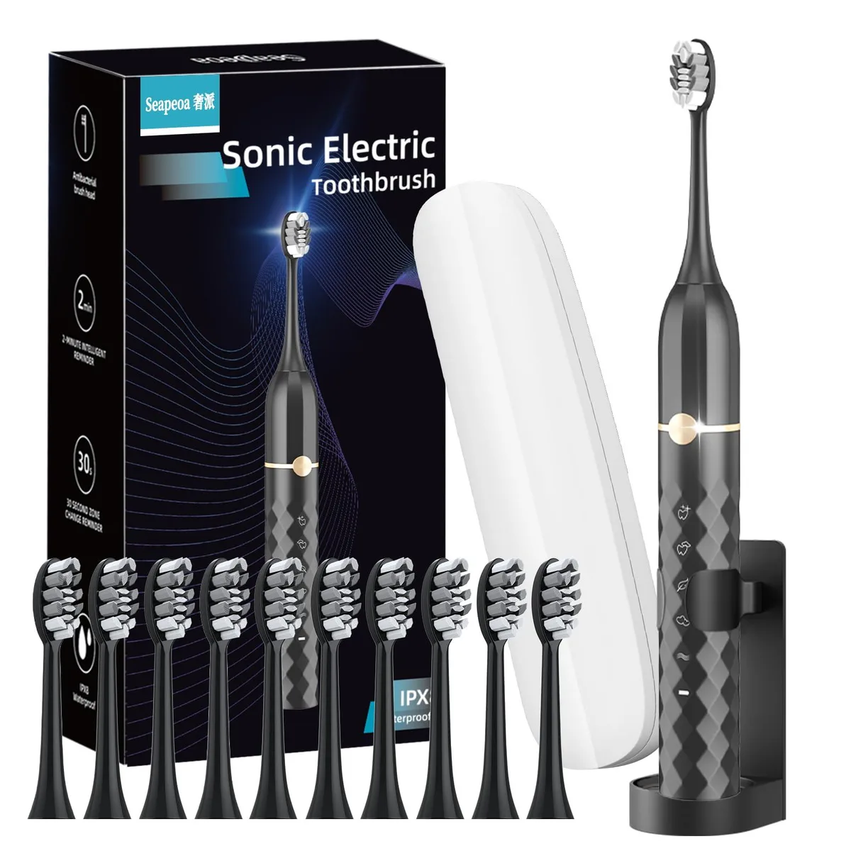  Waterpik toothbrush Seapeoa oral care 10 heads 42000 vibrations Black — product photo