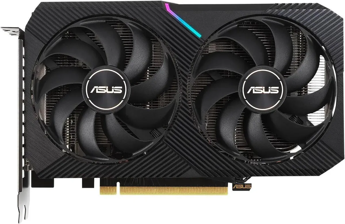 Black dual-fan graphics card with silver accents and exposed heatsink fins