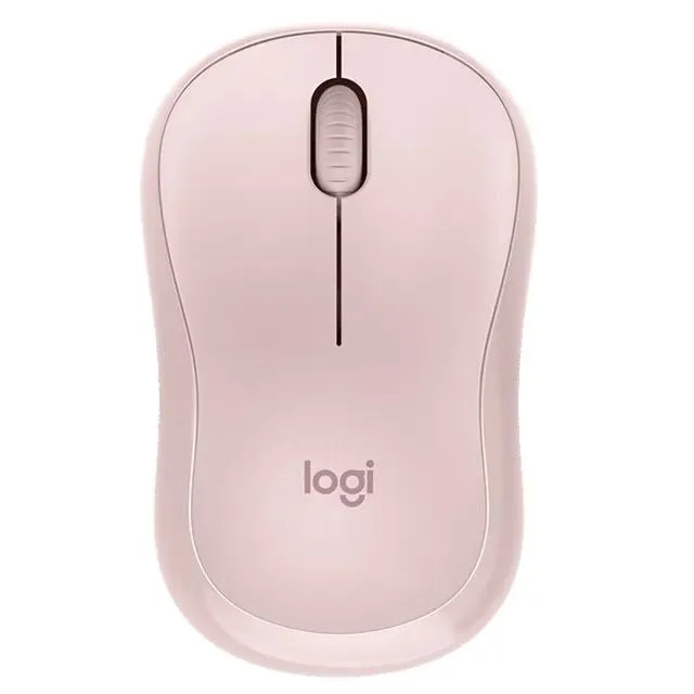 Pink wireless mouse with three buttons and a USB receiver