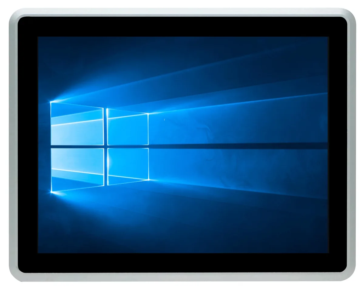 Gray 15-inch fanless aluminum panel PC with IP65 front seal and resistive touchscreen