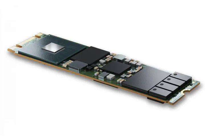 Green rectangular circuit board with gold edge connector and black memory chips