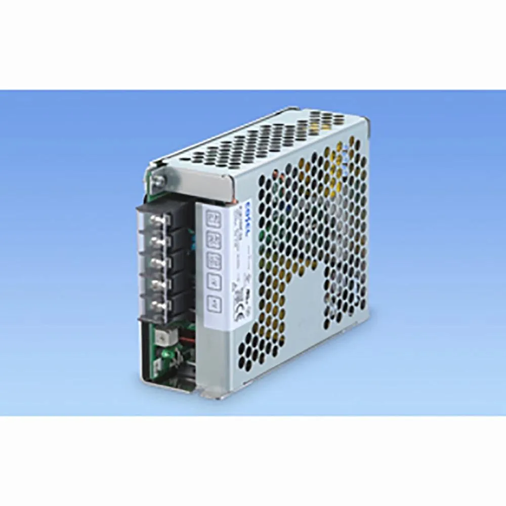 Silver metal ATX power supply unit with label showing 150W 24V 6.4A