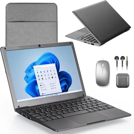 Silver 10-inch clamshell laptop with thin-bezel screen and full-size keyboard