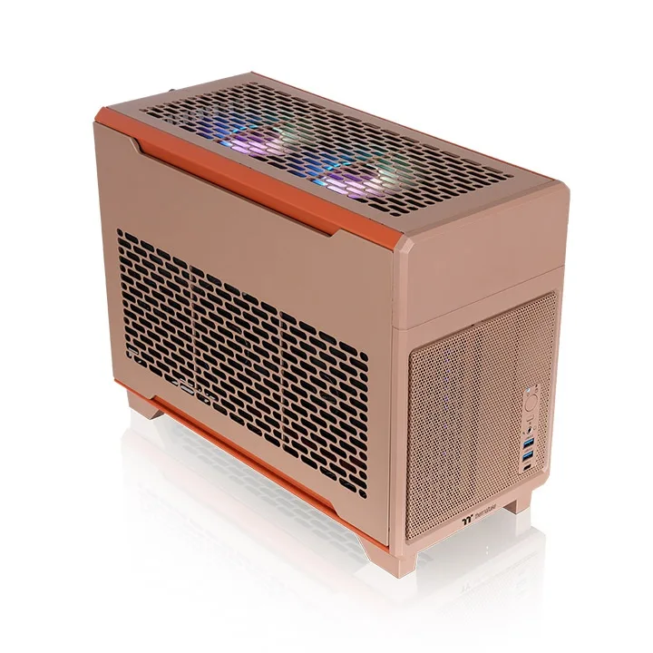 Compact Mini-ITX tower in gravel sand finish with mesh side panel