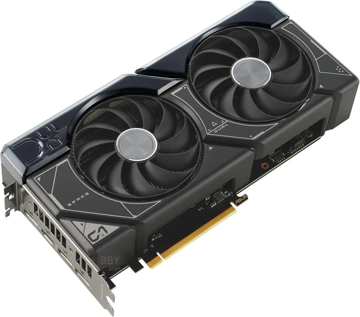 ASUS Dual RTX 4070 Super graphics card, two axial fans, dark shroud, silver backplate, PCIe bracket with HDMI and three DisplayPorts