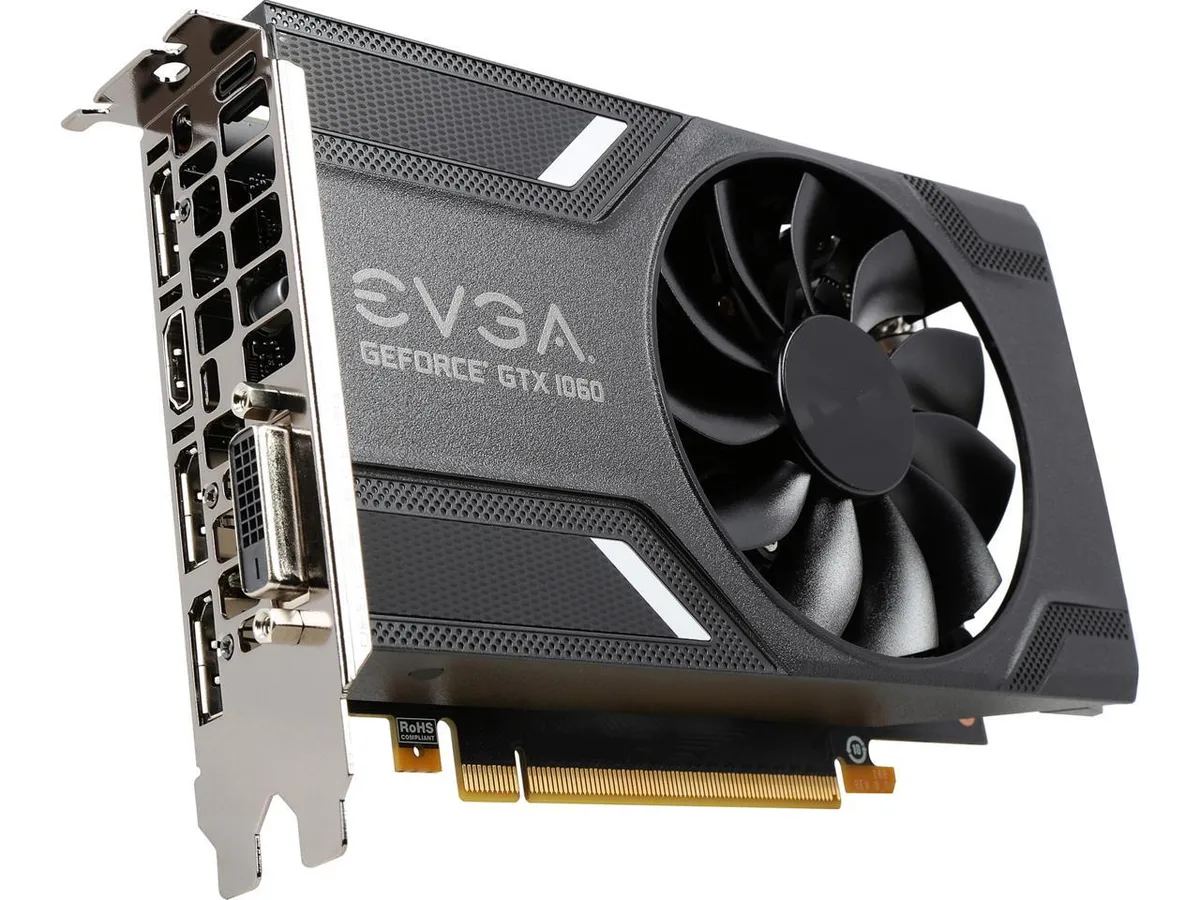 Compact graphics card with single black fan and silver backplate
