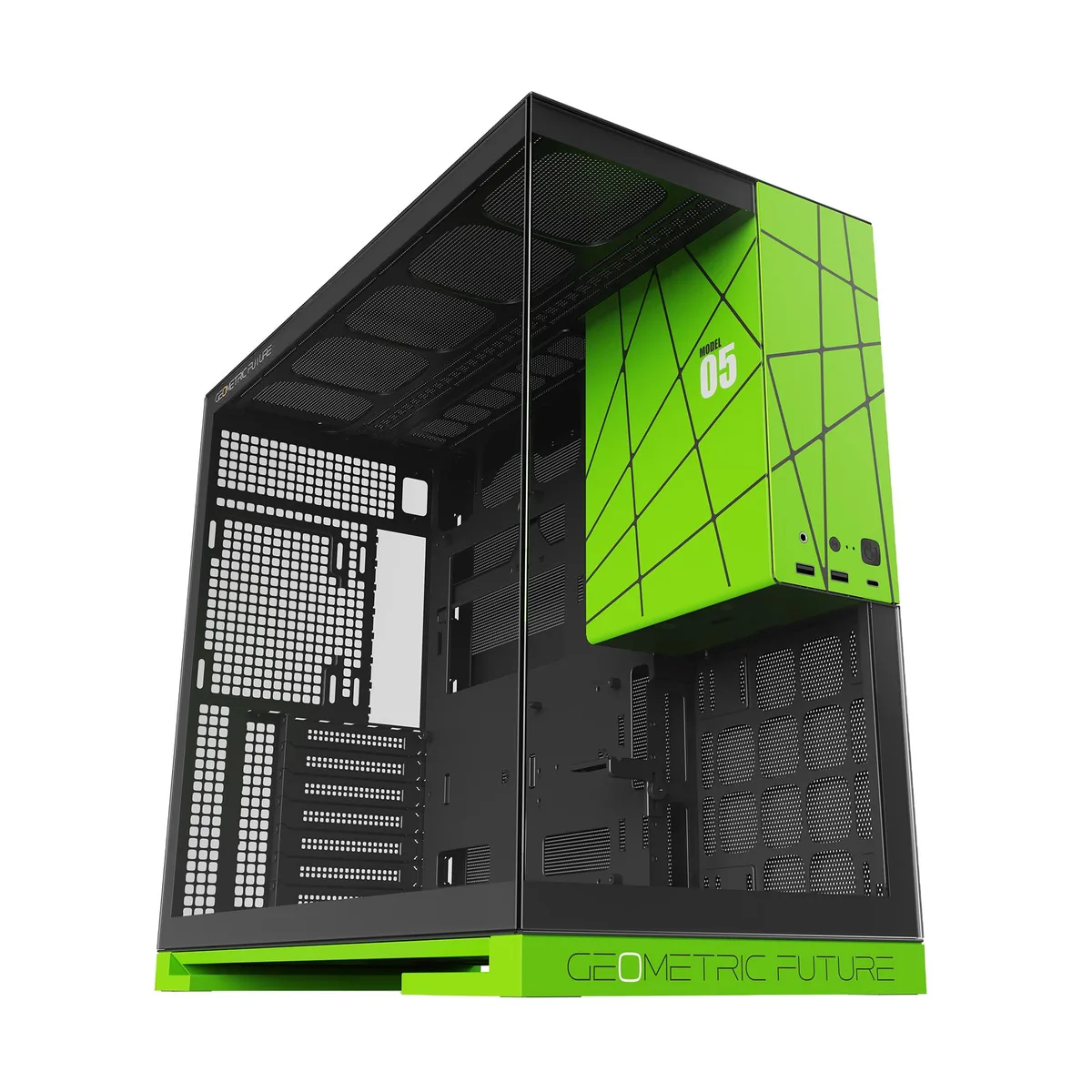 Black and green mid-tower case with tempered glass panels, dual-chamber layout, toolless entry, front Type-C port