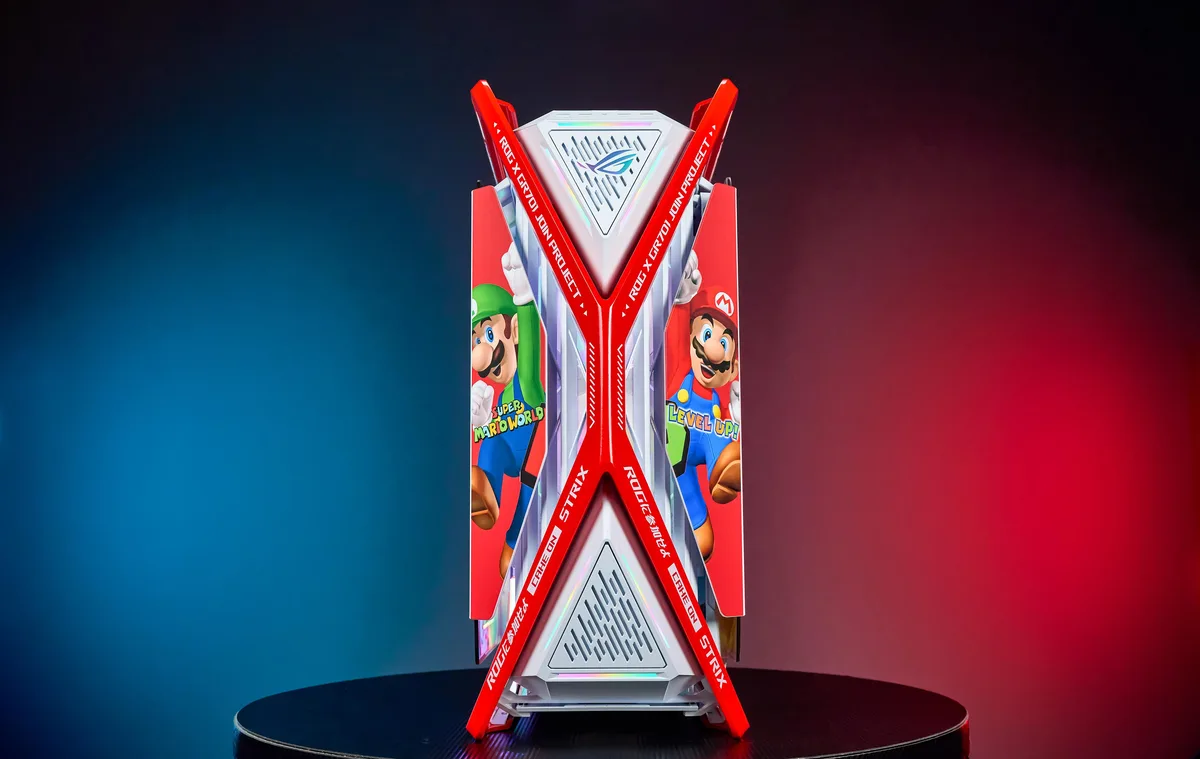 Full-tower E-ATX case in Mario Red with dual tempered-glass panels and four 140 mm fans
