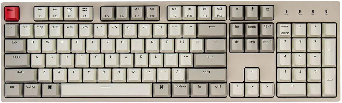 Full-size mechanical keyboard with retro colour keycaps and braided USB-C cable