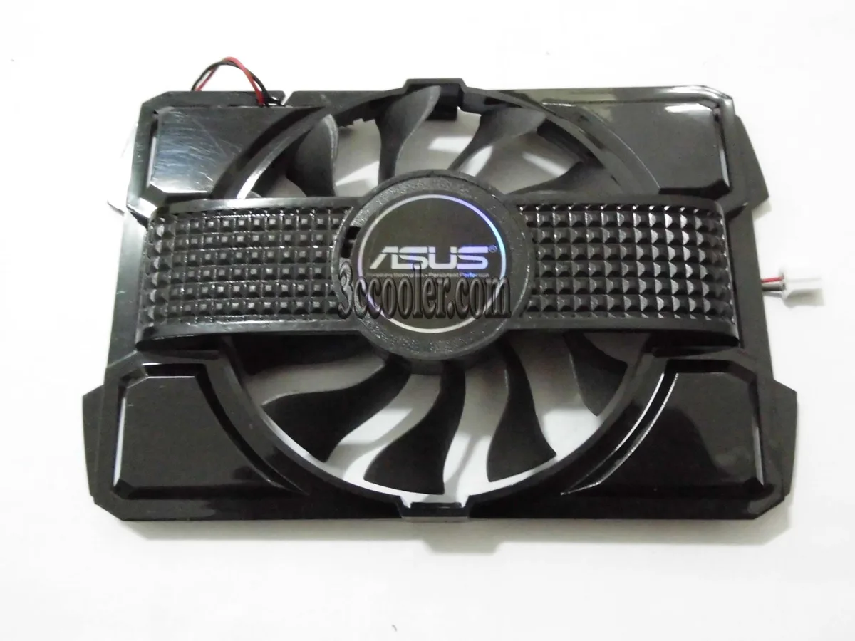 Small black plastic GPU cooling fan with mounting bracket and two-wire connector