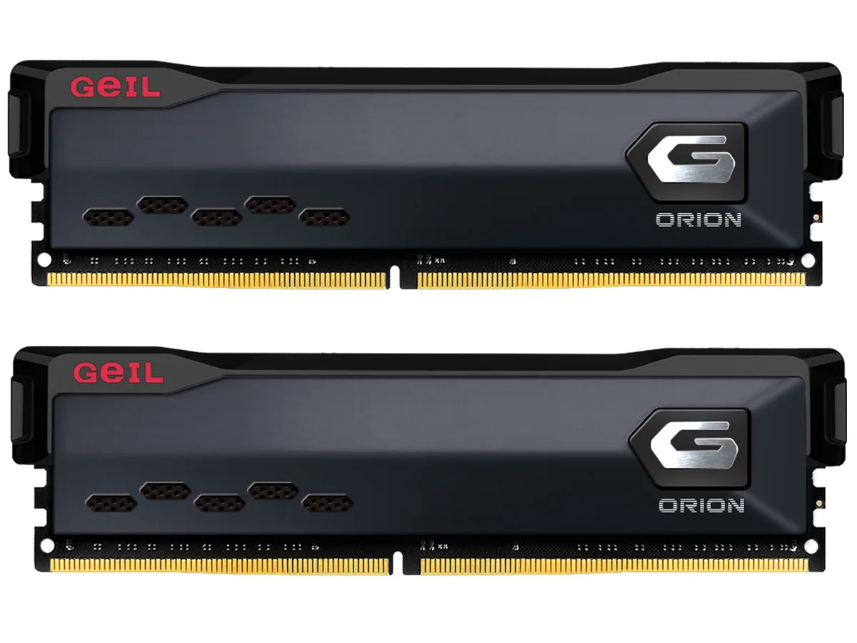 Two titanium-gray DDR4 modules with standard-height heat spreaders