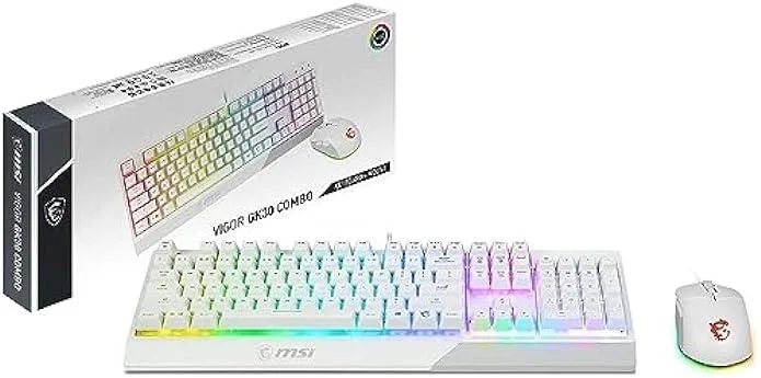 White gaming keyboard and matching ergonomic mouse combo with RGB lighting