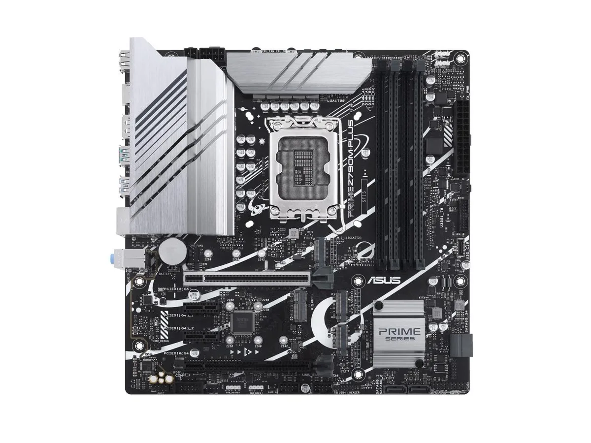 Micro-ATX motherboard with black PCB, silver VRM heatsinks, four DDR5 slots and three M.2 covers