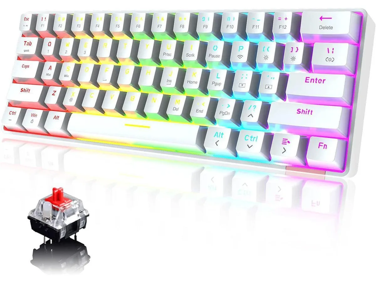 Compact white 60 percent mechanical keyboard with rainbow backlighting