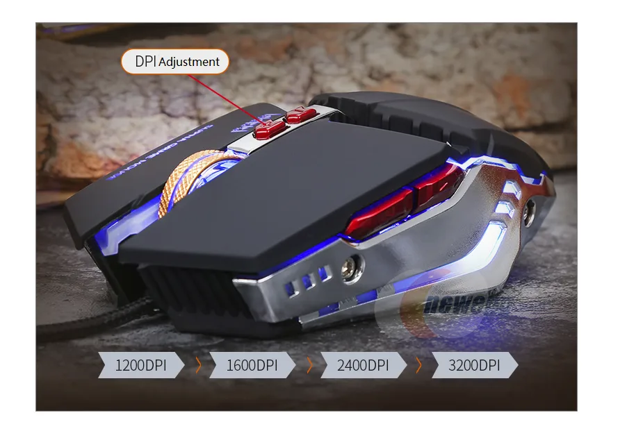 Black wired gaming mouse with braided cable and breathing LED lights