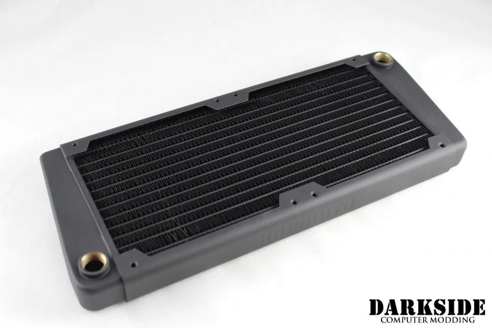Slim black 240 mm radiator with two 120 mm fan slots and G1/4 ports