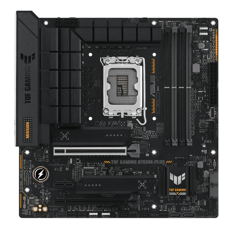 ASUS TUF GAMING B760M-PLUS micro ATX motherboard dark finish with reinforced slots and heatsinks