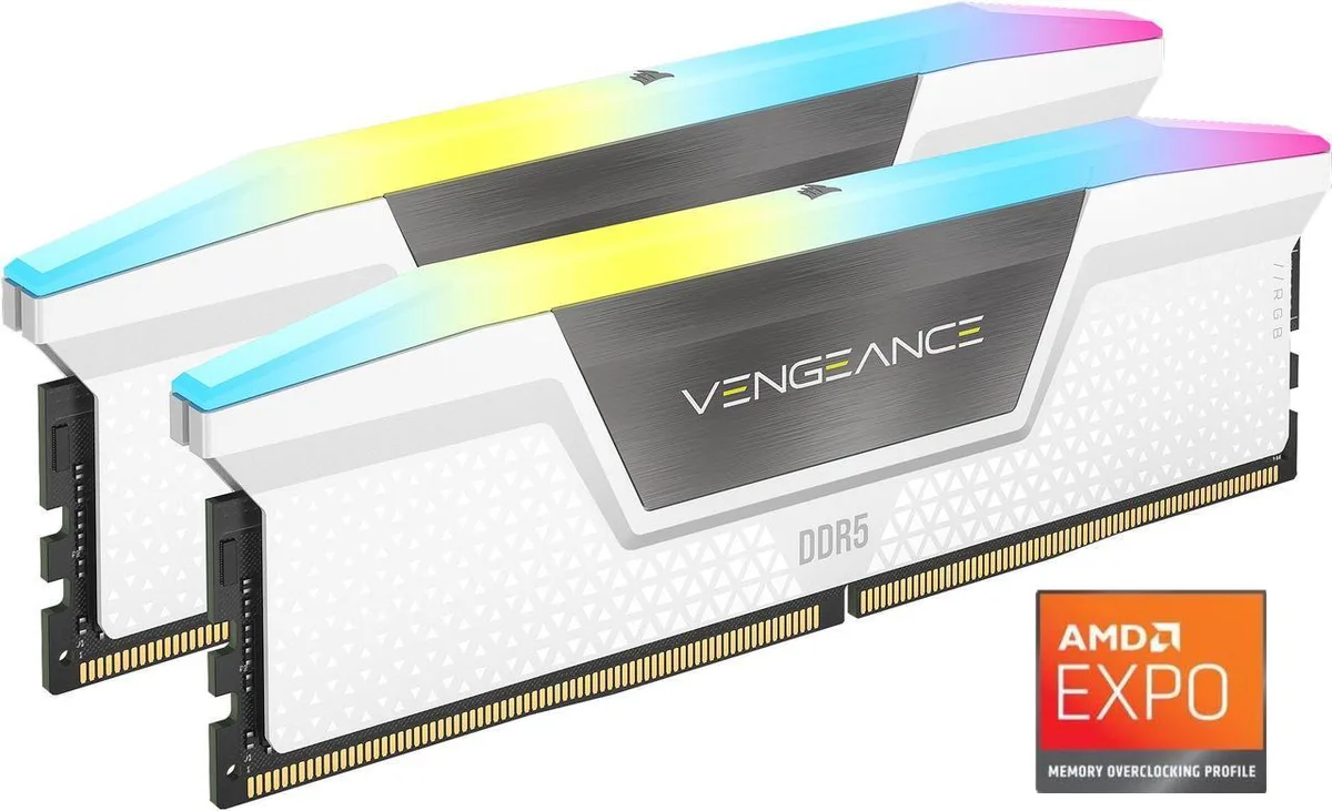 Two white DDR5 memory modules with RGB light bars and heat spreaders