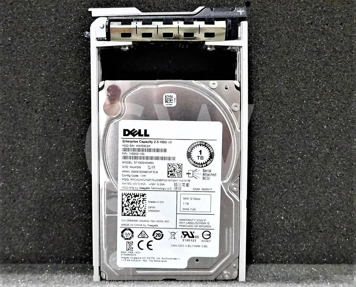 Silver rectangular 2.5 inch hard drive with SAS connector and Dell label
