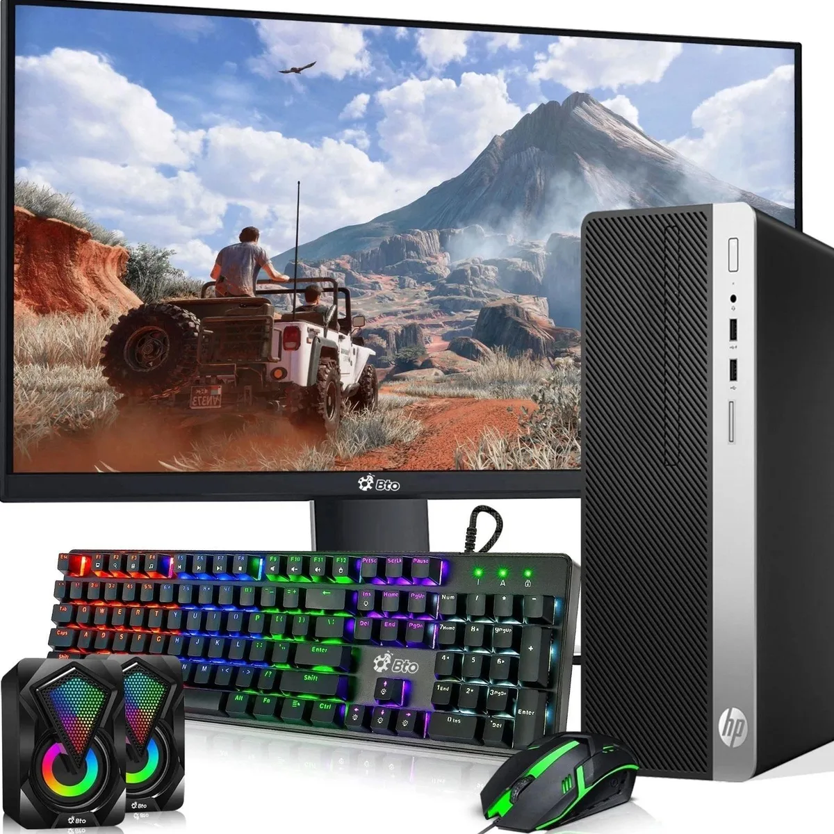 Compact black HP 400 G5 tower with 22 inch monitor keyboard and mouse