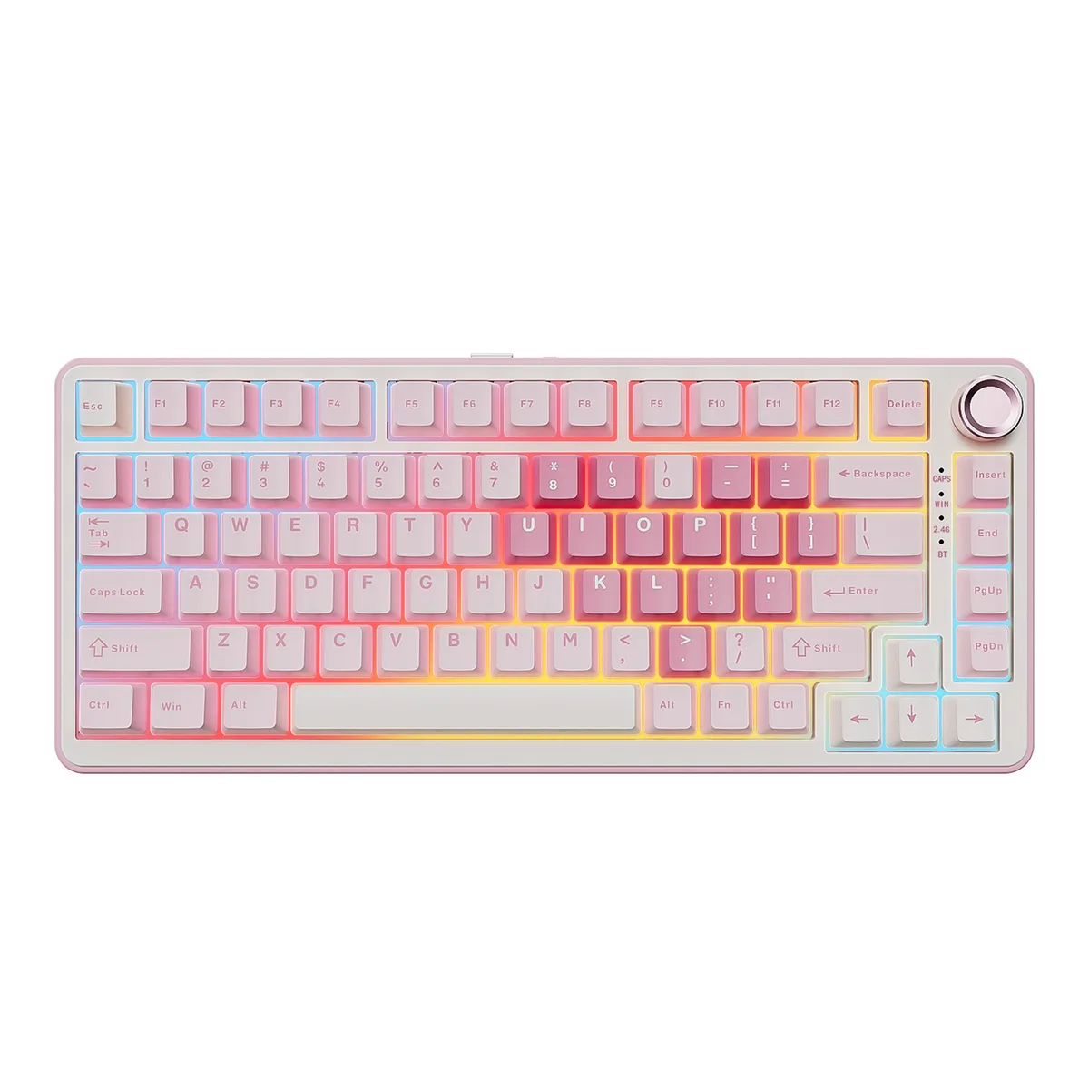 Pink compact mechanical keyboard with rotary knob and white keycaps