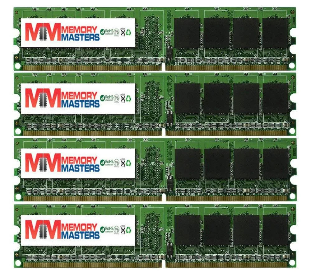 Four green DDR2 DIMMs with gold contacts and silver heat spreaders