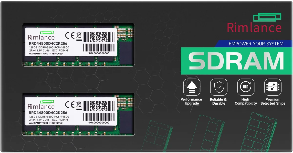 Two green DDR5 RDIMM sticks, black heat spreaders, gold contacts, 288-pin