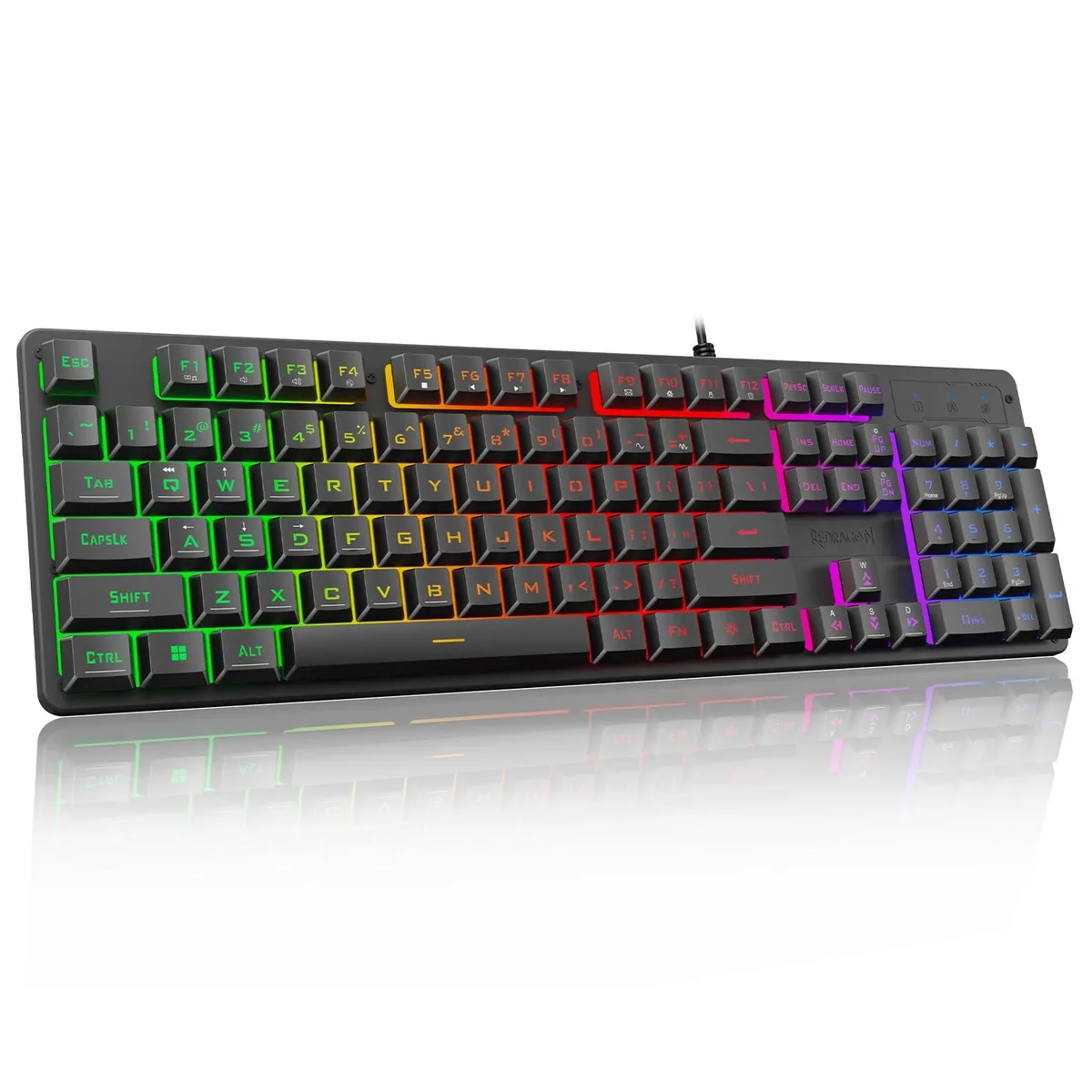 Black full-size wired keyboard with rainbow LED backlighting, 104 keys, ABS finish