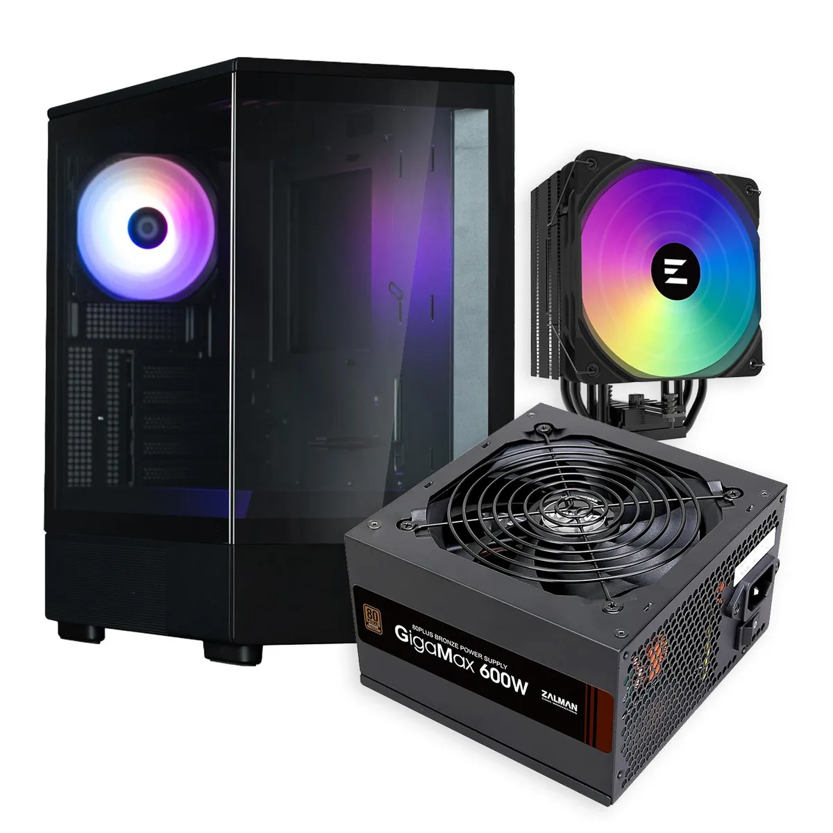 Zalman Zalman P10 Black Micro-ATX Panoramic Case + 9X Performa Plus ARGB 180W Cooler + Gigamax 600W 80+ Bronze PSU — photo du produit