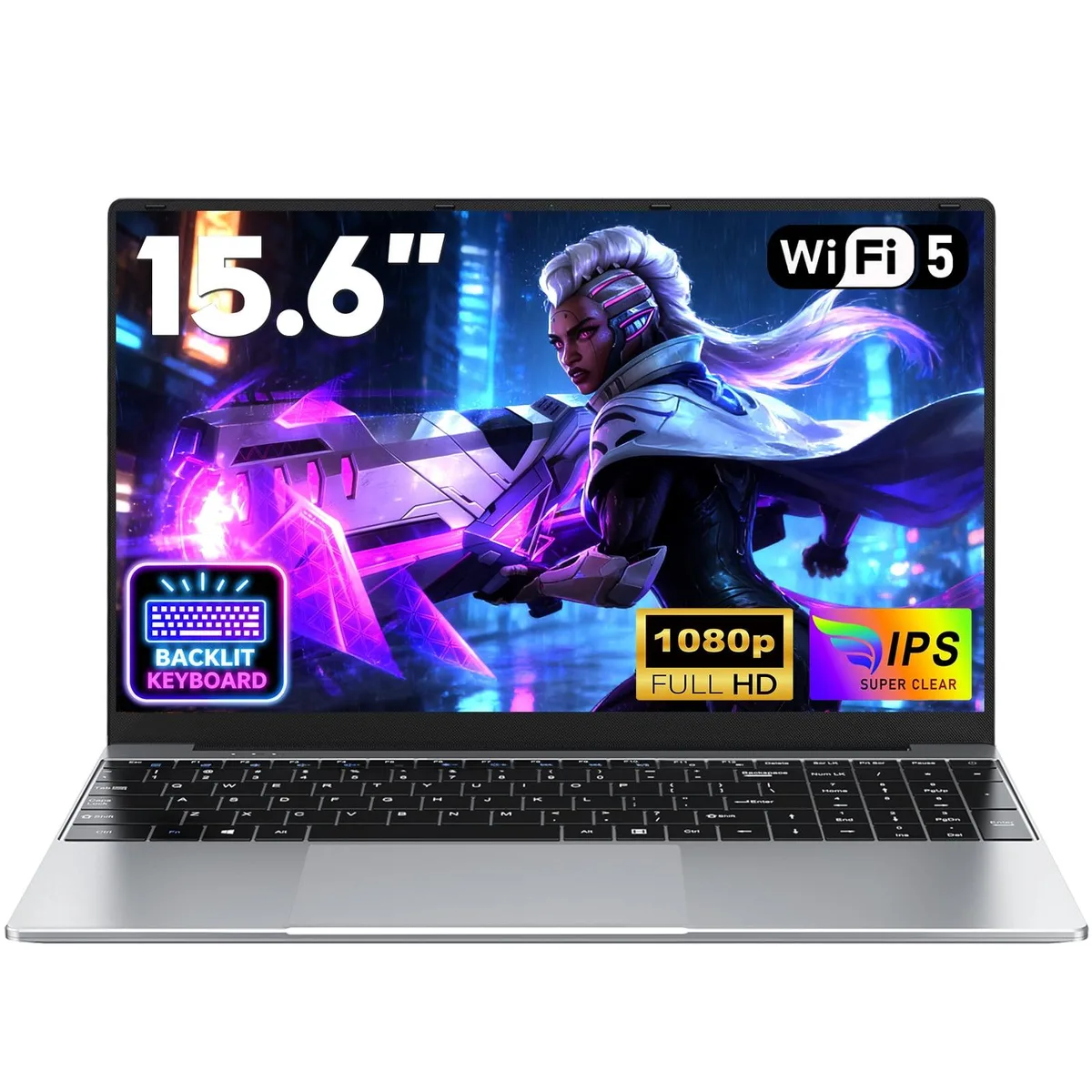 Silver Chheart laptop open showing 15.6 inch screen and backlit keyboard with numeric keypad