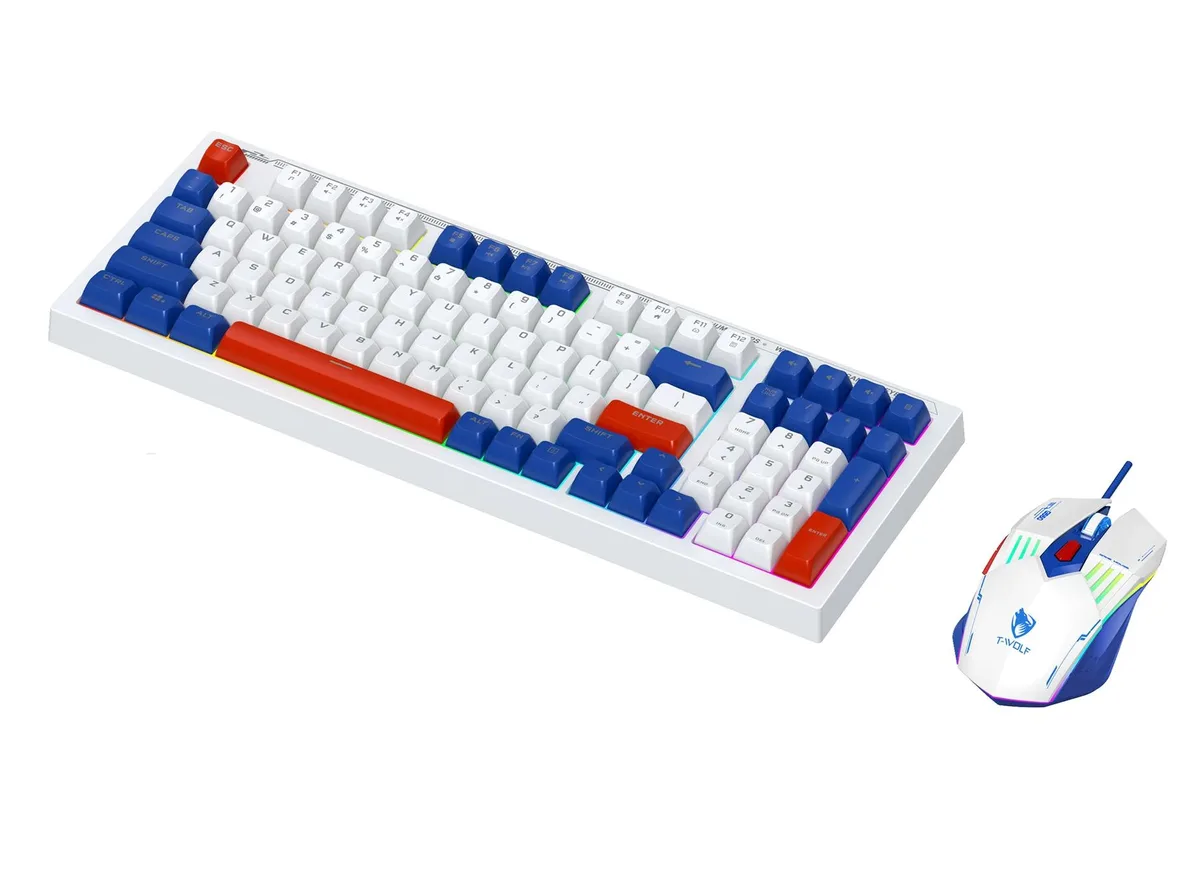 White and blue 98-key wired keyboard with matching mouse, USB cables attached