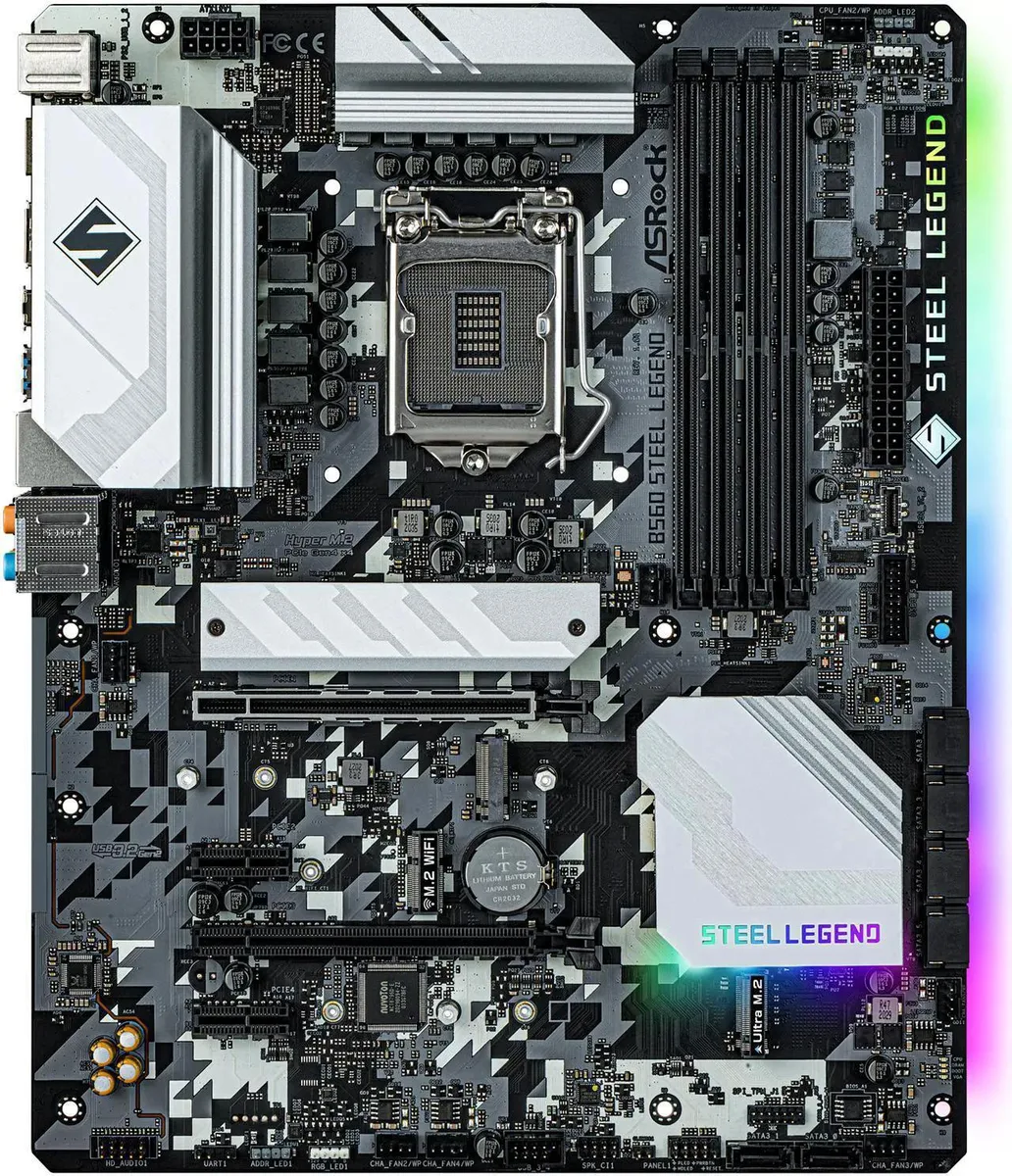 ATX motherboard in silver grey with steel grey heatsinks and white lettering