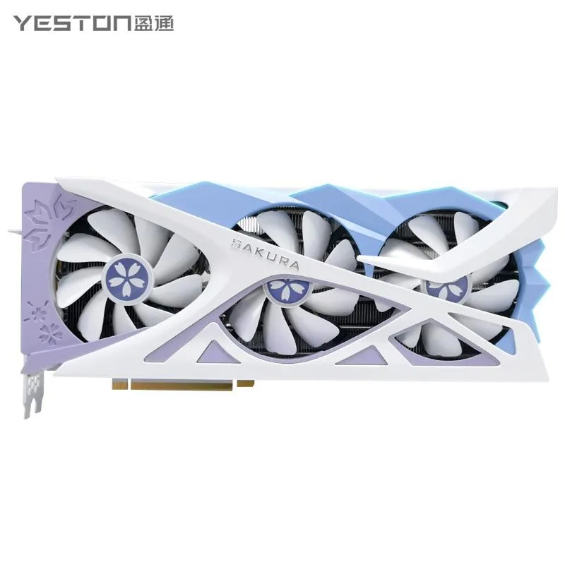 White triple-fan graphics card with pink Sakura accents, full-length PCIe 4.0 x16 form factor
